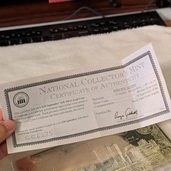 O1 2008 $20 SEPTEMBER 11 SILVER LEAF COIN-CERTIFIED - Picture 4 of 4